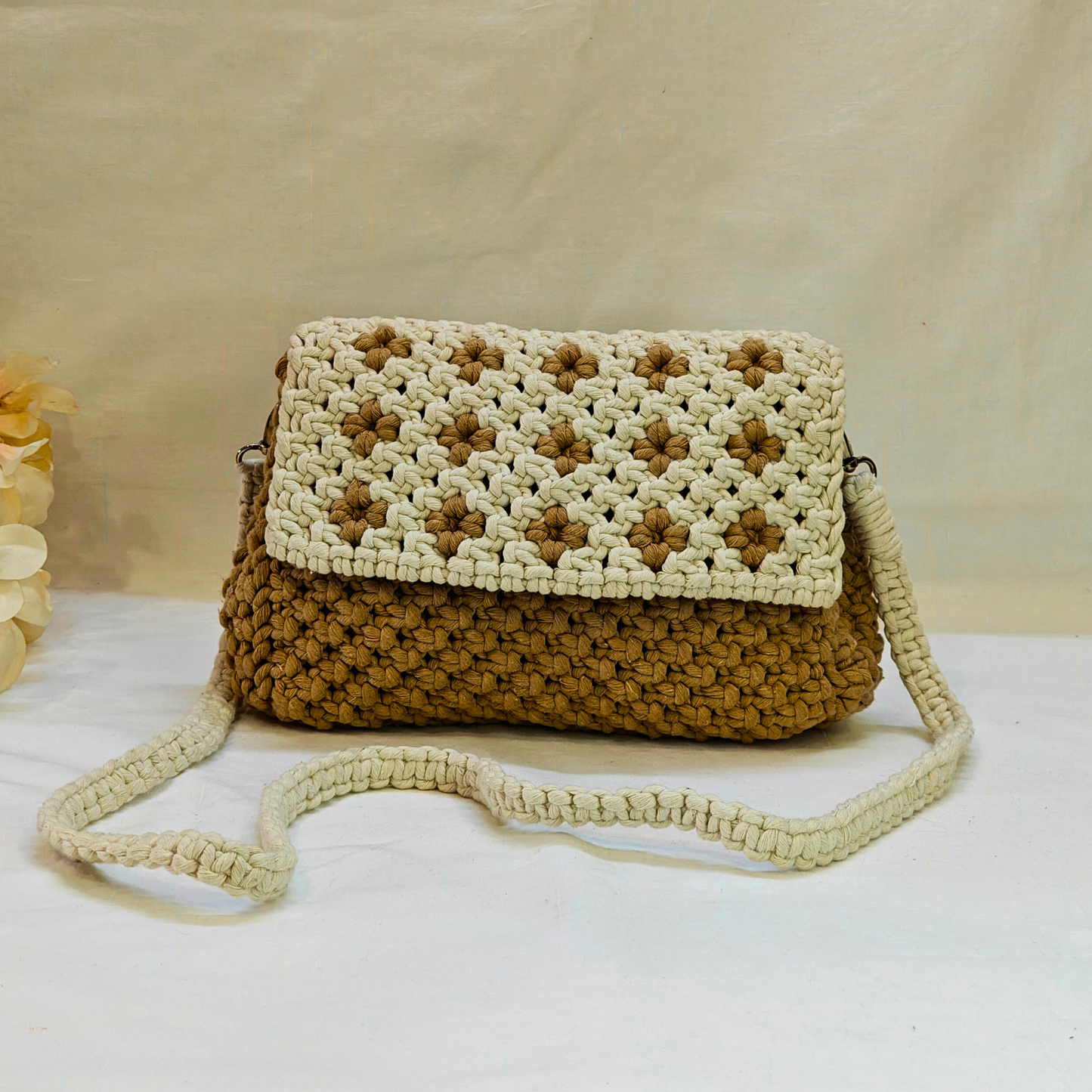 Beige Bloom Macrame Sling Bag