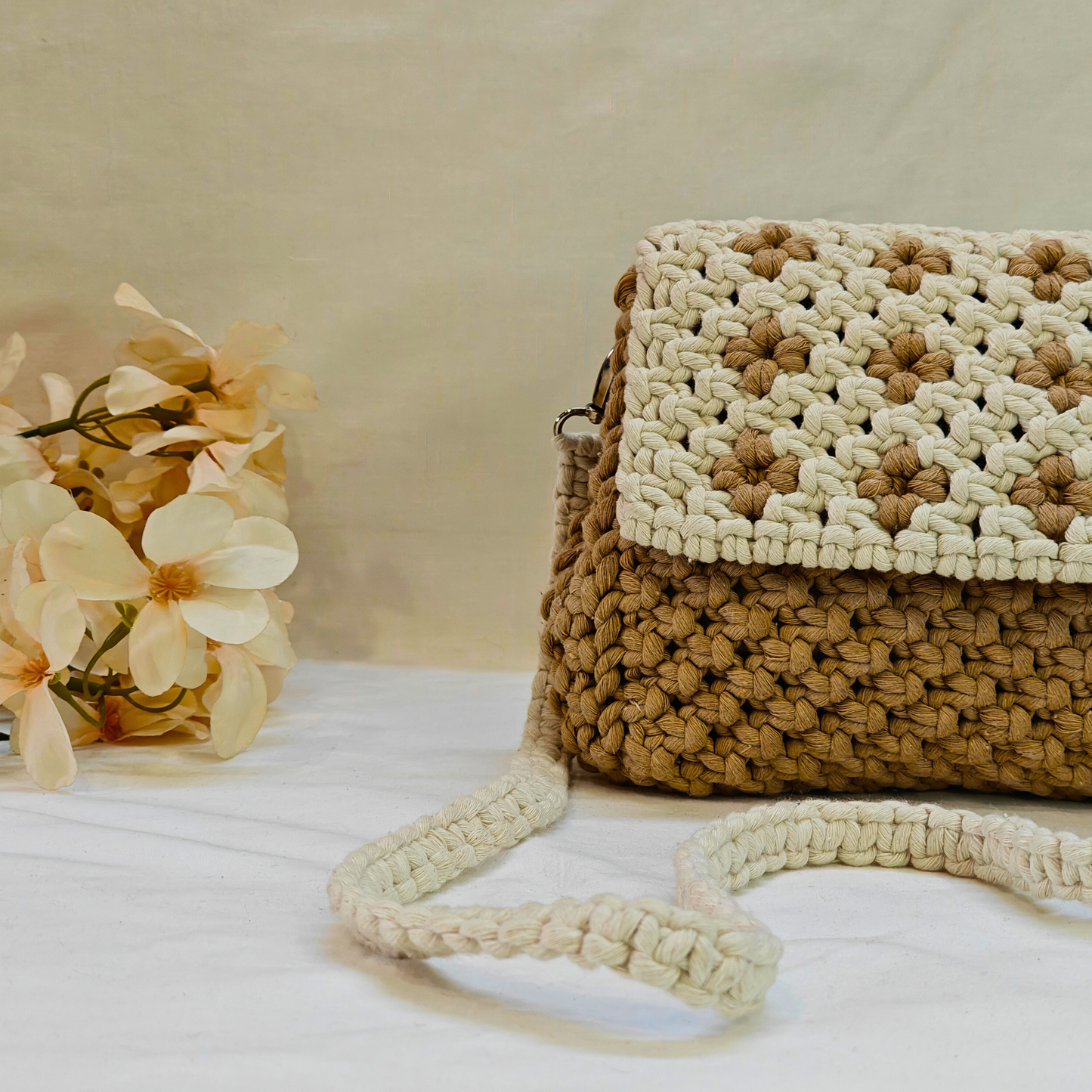 Beige Bloom Macrame Sling Bag