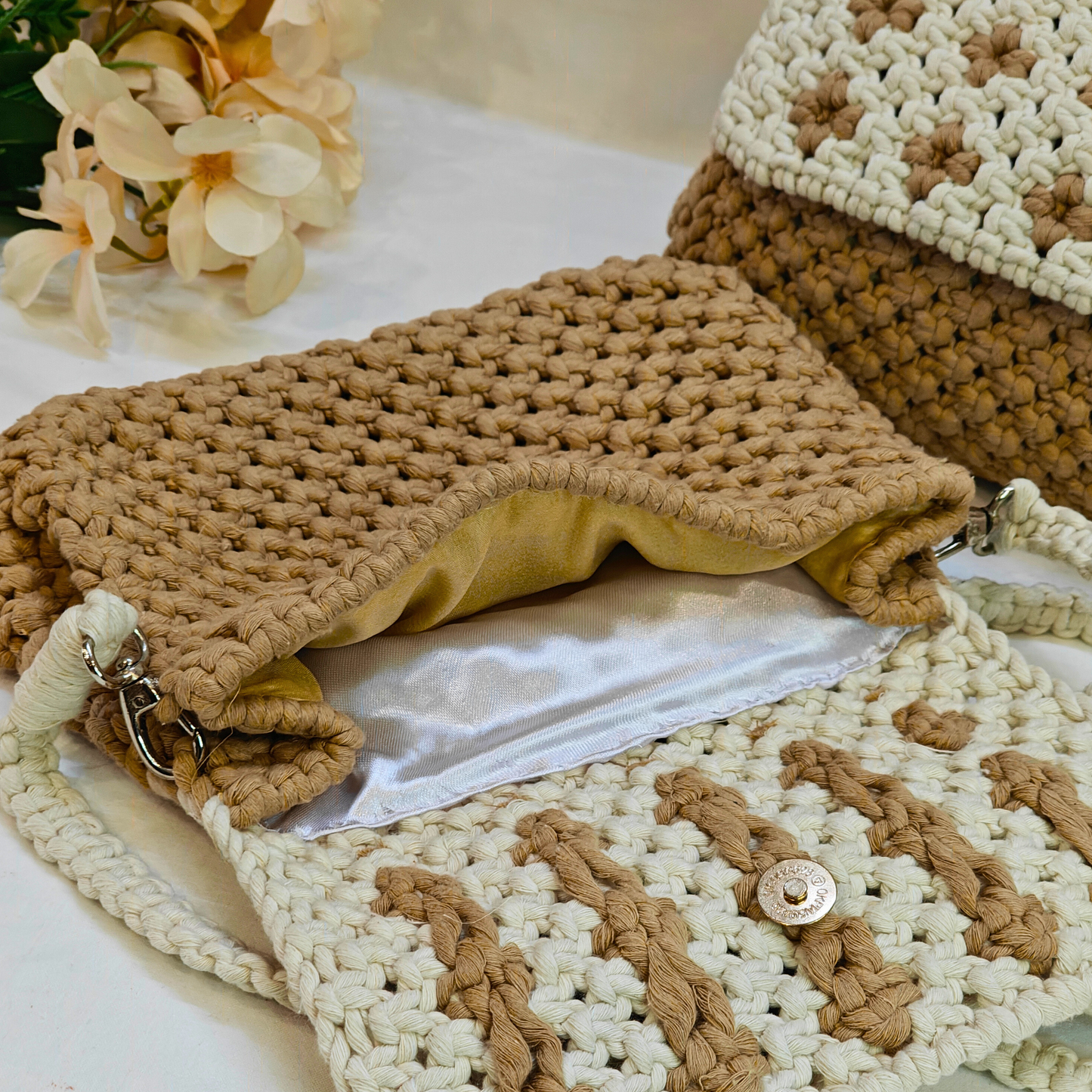 Beige Bloom Macrame Sling Bag