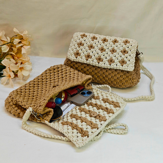 Beige Bloom Macrame Sling Bag
