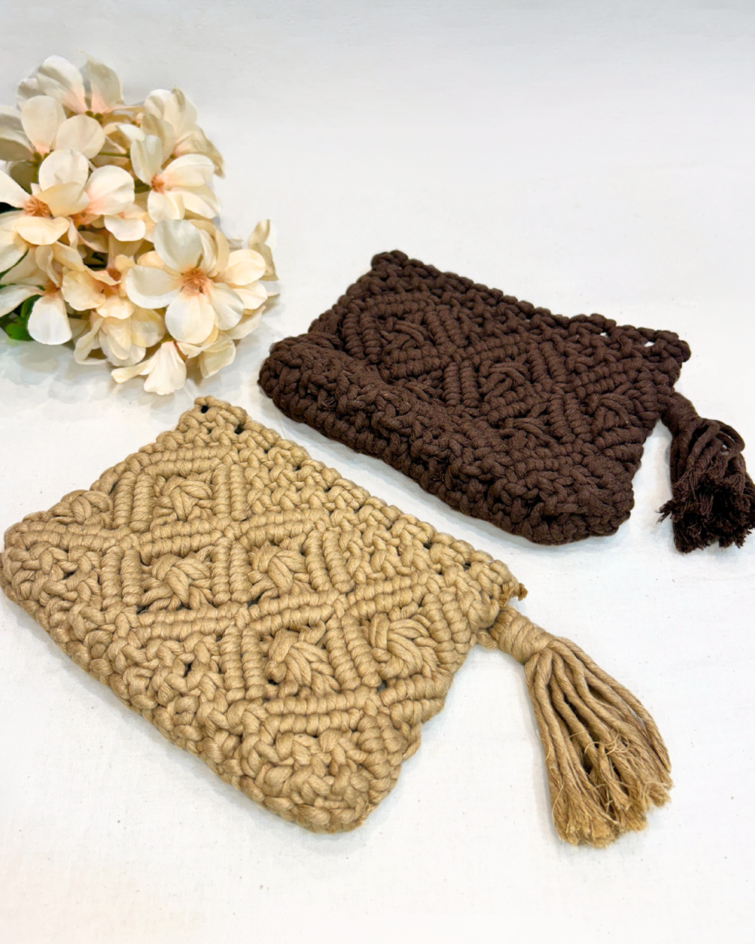 Earthy Elegance: Handmade Brown Macramé Pouch - Emerald Fashion