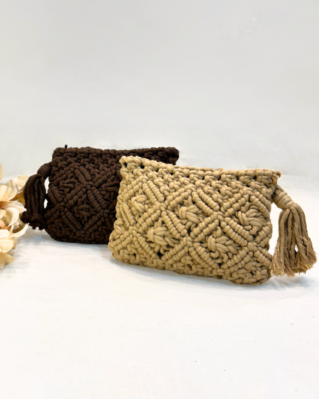 Earthy Elegance: Handmade Brown Macramé Pouch - Emerald Fashion