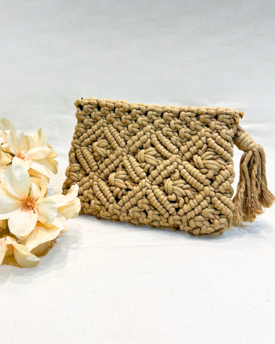 Earthy Elegance: Handmade Brown Macramé Pouch - Emerald Fashion