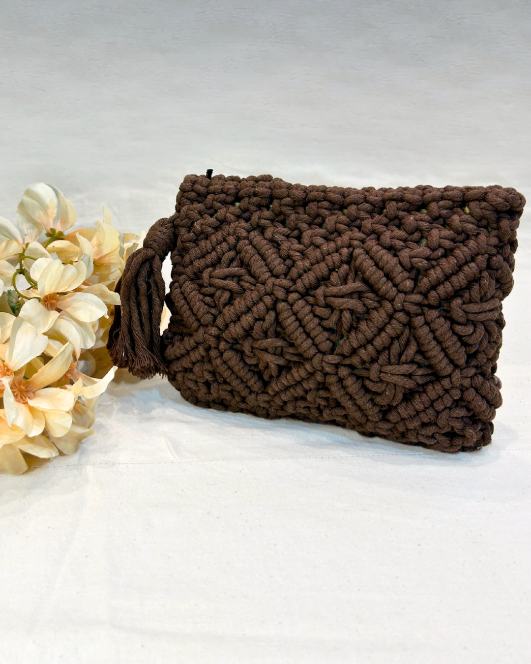 Earthy Elegance: Handmade Brown Macramé Pouch - Emerald Fashion
