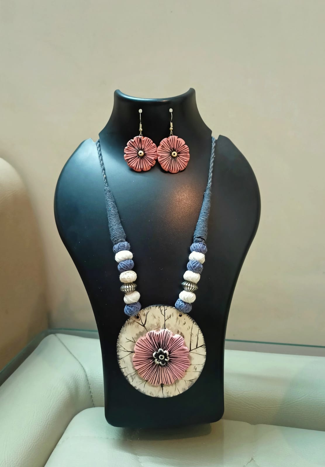 Handmade Clay Motif Neem Wood Jewelry Set